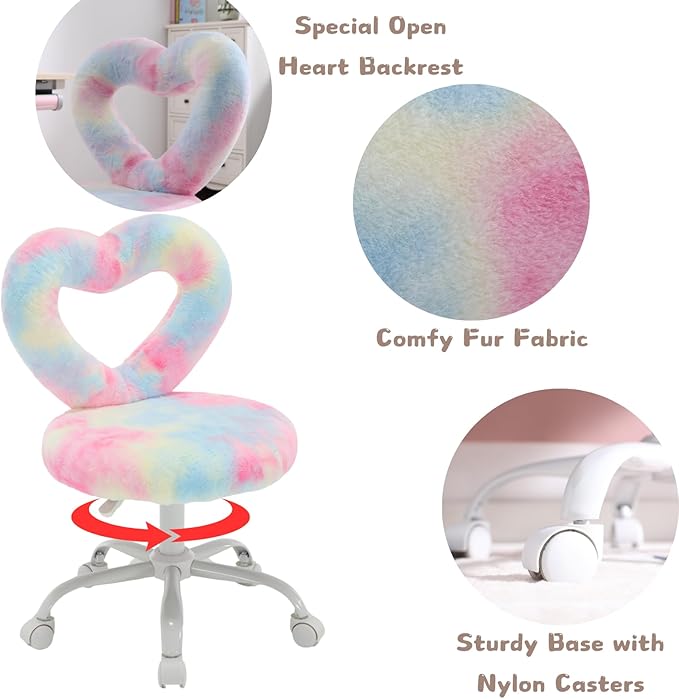 Faux Fur Kids Desk Chair, Heart Back Upholstered Computer Chair for Boys and Girls
