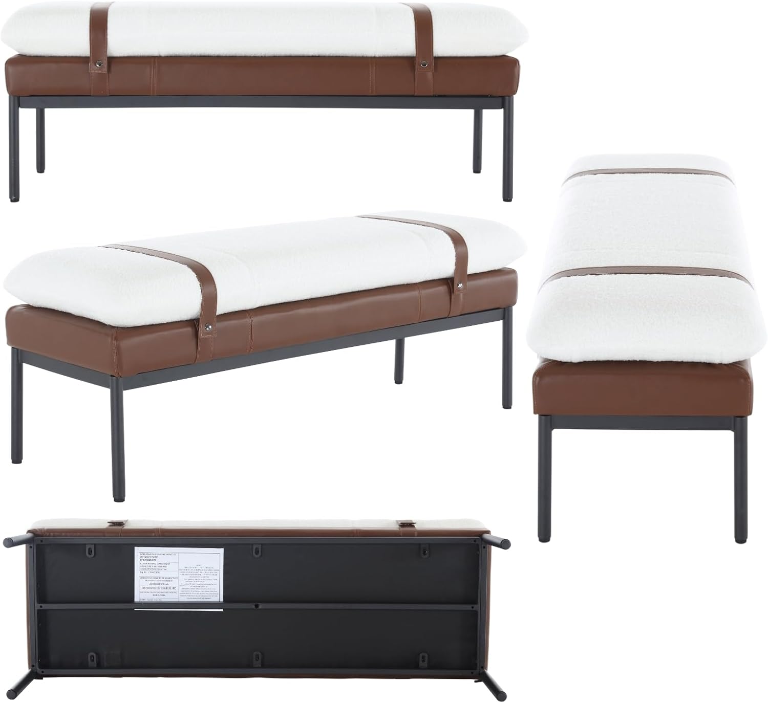 Industrial Modern Sherpa Rectangle Ottoman Bench with PU Strap and Metal Legs