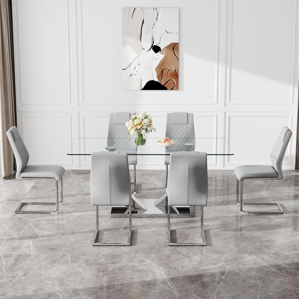 Glass Dining Table Set for 6, 71''Tempered Glass Tabletop and Stainless Steel U-shaped Leg and Base