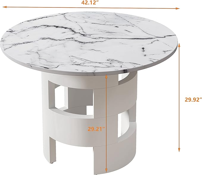 42.12" White Round Dinning Table Printed Marble MDF Table Top Hollow Cylindrical Base Pedestal Table