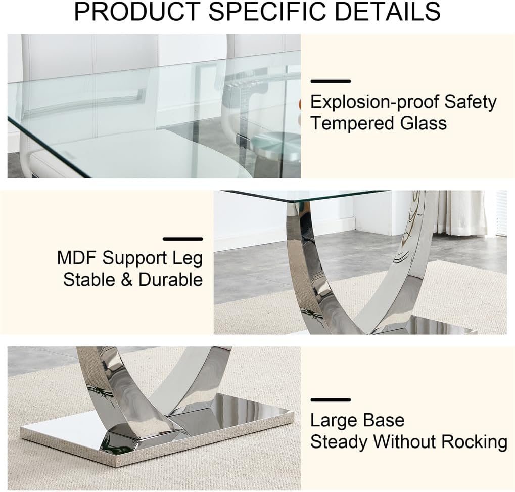 71'' Glass Dining Table Set for 6,Tempered Glass Tabletop and Stainless Steel U-shaped Leg and Base