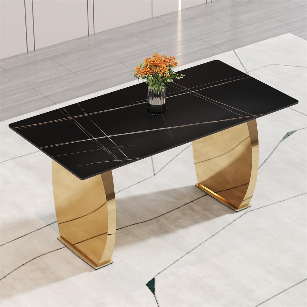 63" Sintered Stone Dining Table, Sintered Stone Table Top and Metal Leg