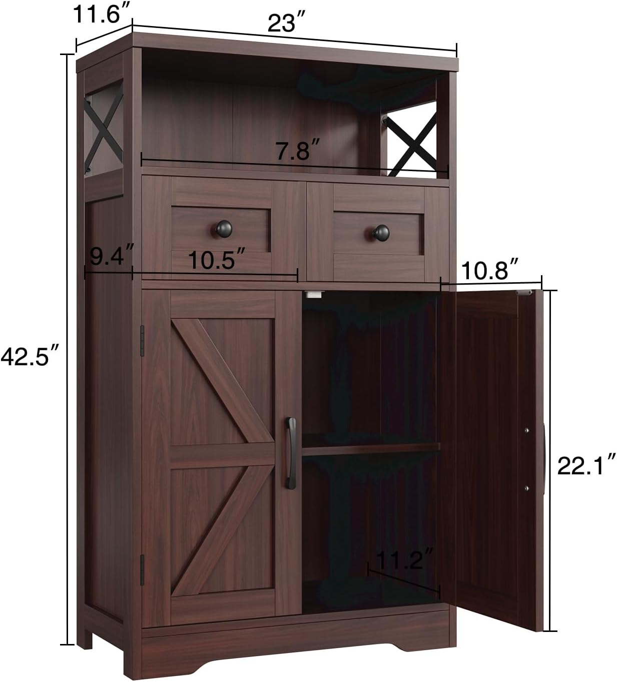 Dark Brown Storage Cabinet with Doors and Shelves, Farmhouse Kitchen Pantry Cabinet with Storage, Coffee Bar Station Cabinet