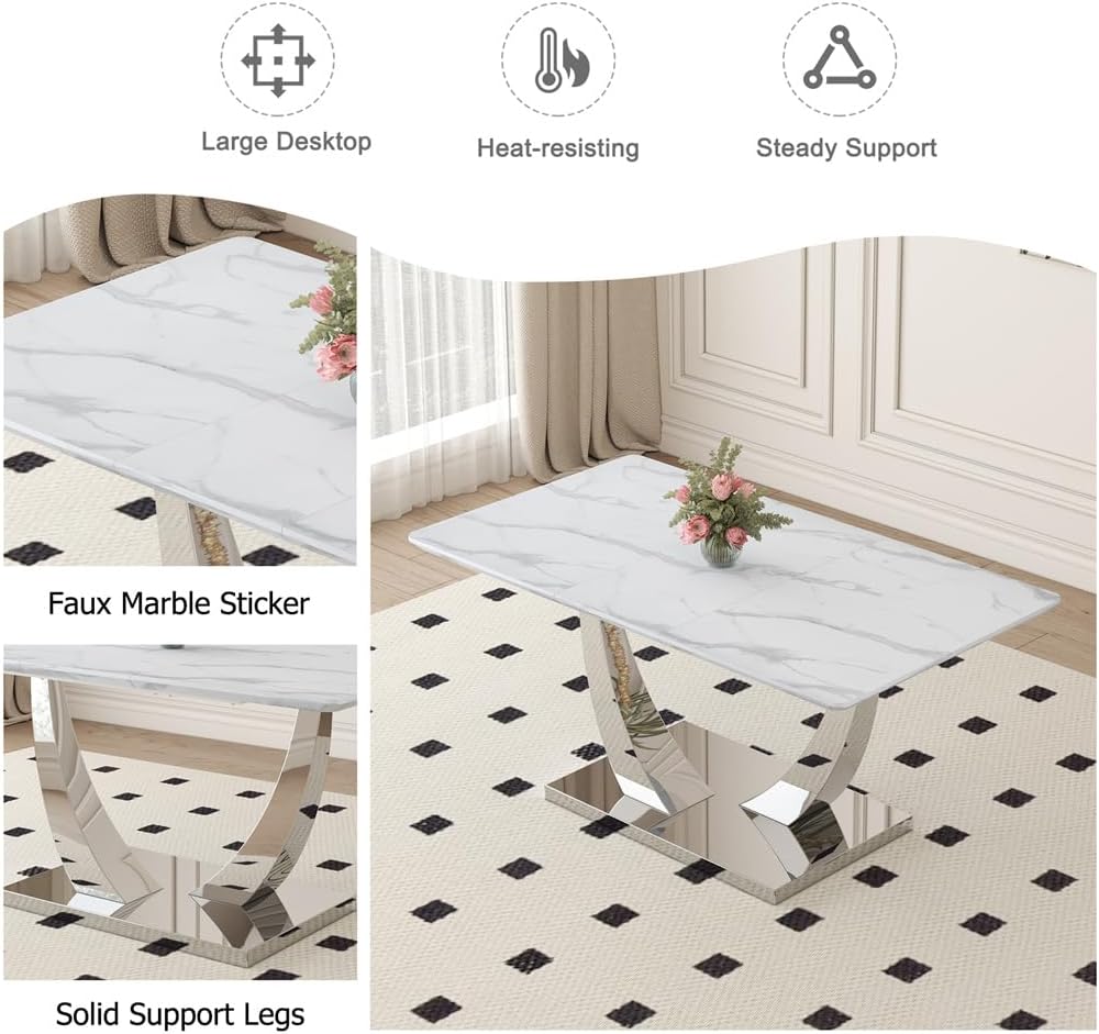 63" White Dining Table Set for 4, Faux Marble Dining Room Table with Stainless Steel Leg and Base