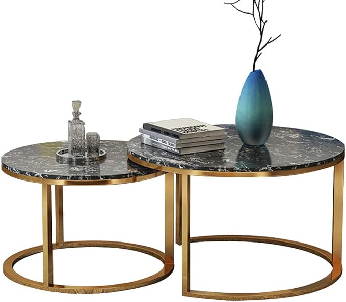 Set of 2 Stackable Round Coffee Table/Side Table Metal Golden Frame & Marble Desktop