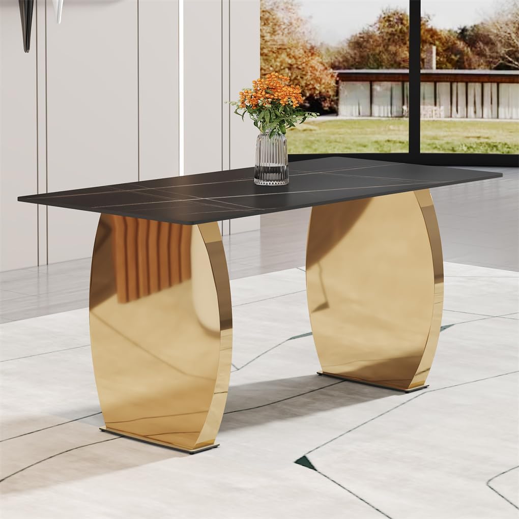 63" Sintered Stone Dining Table, Sintered Stone Table Top and Metal Leg