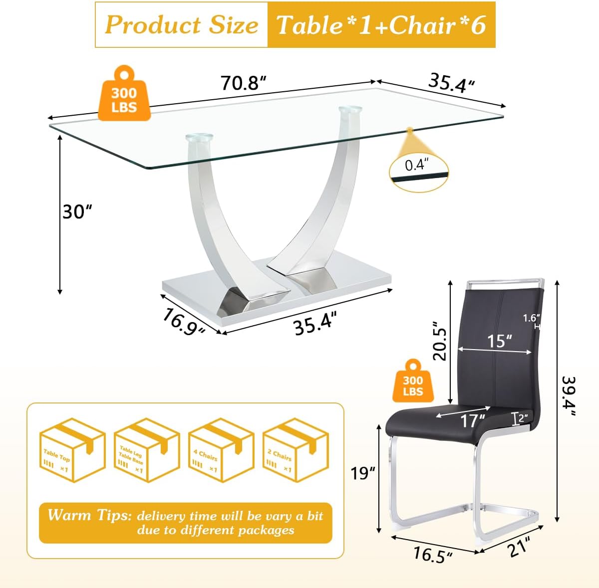 Glass Dining Table Set for 6, Dining Room Table Set 6