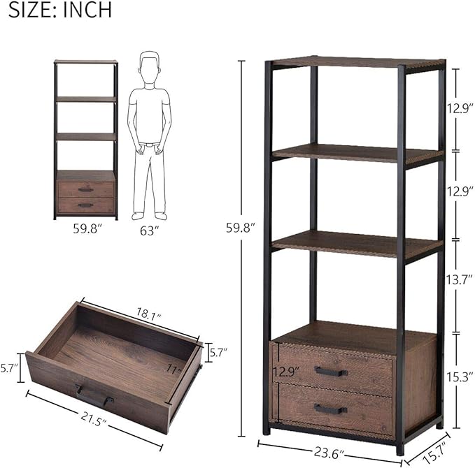 60" Tall Bookshelf with 2 Drawers