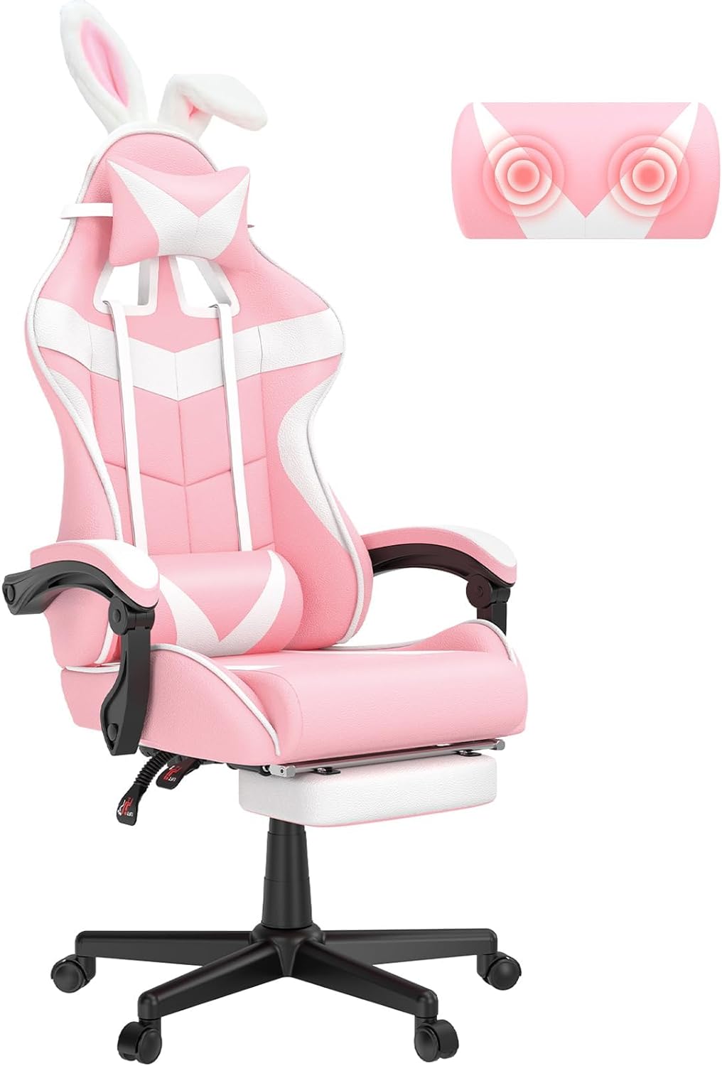 Pink Gaming Chair with Footrest,Lovely Bunny Computer Gamer Chair