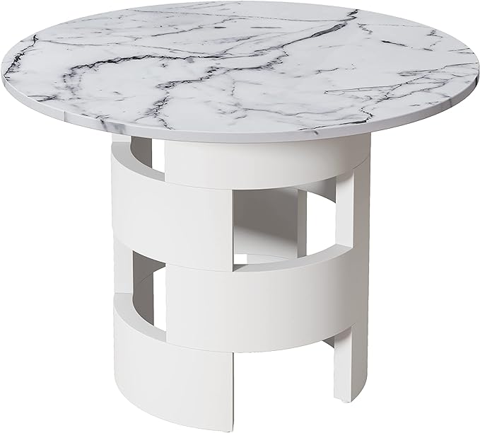 42.12" White Round Dinning Table Printed Marble MDF Table Top Hollow Cylindrical Base Pedestal Table