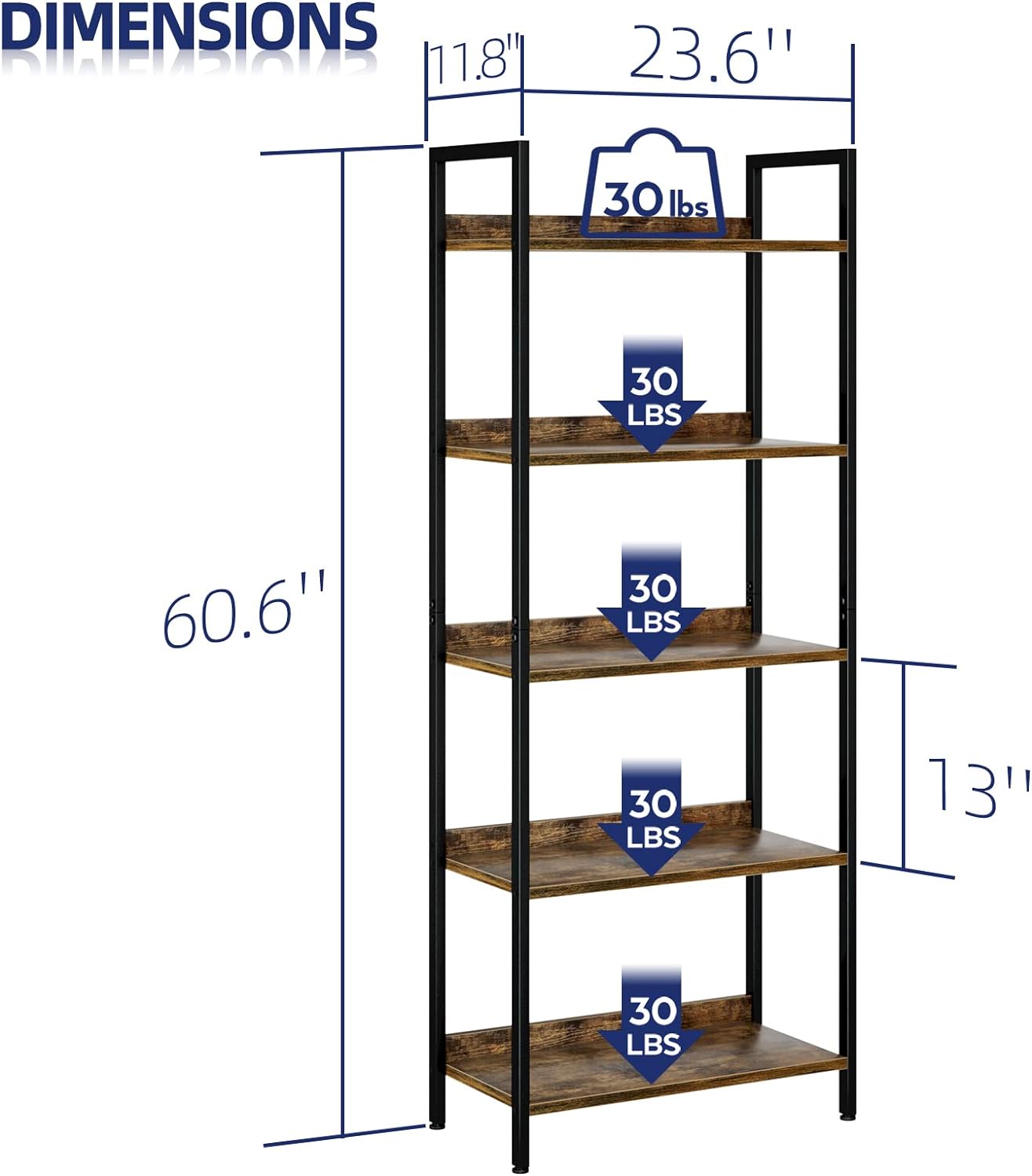 5 Tier Bookshelves, Home Office Bookcase Shelf Storage Organizer, Free Standing Storage Shelving Unit