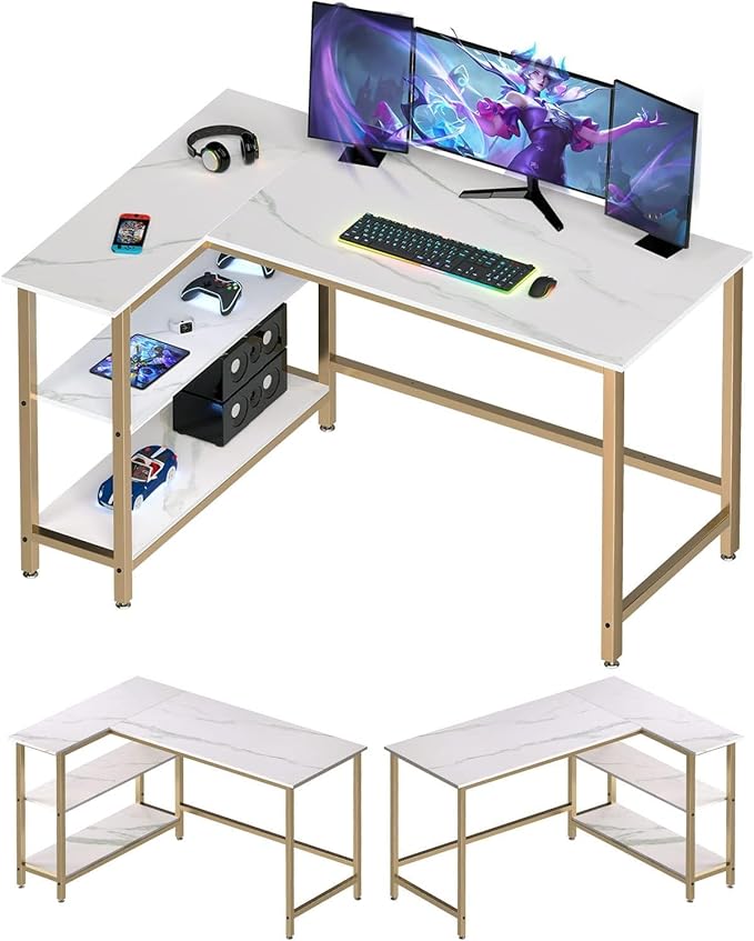 L Shaped Computer Desk - Home Office Desk with Shelf, Gaming Desk Corner Table for Work