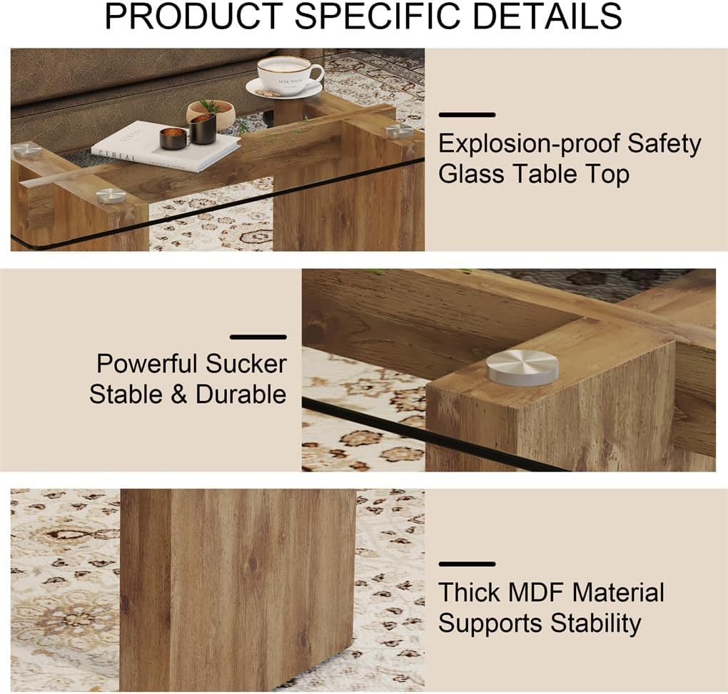 Wood Coffee Table, Coffee Table with Tempered Glass Top, Coffee Table with MDF Crossbar and Base