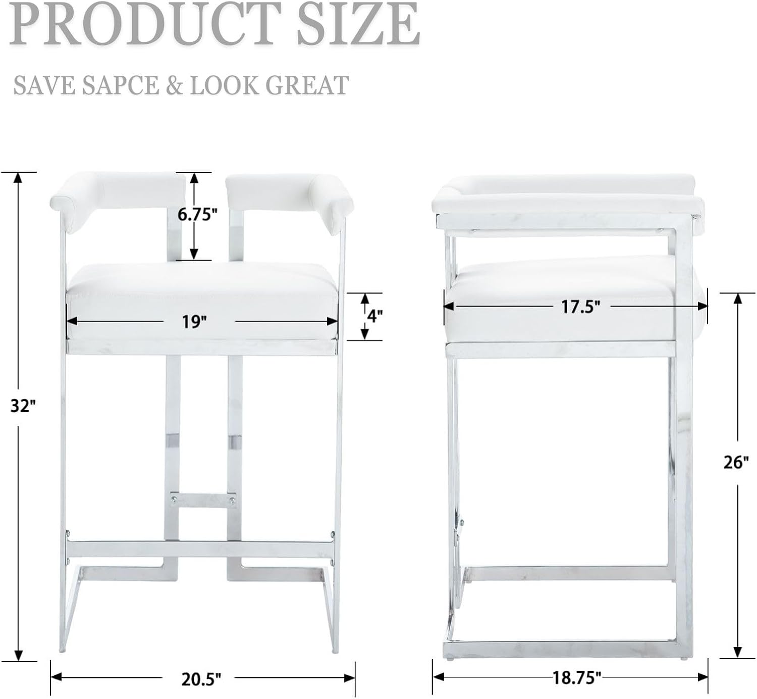 Modern Bar Stools Set of 2, 26" Counter Height Stool with Chrome Finish Metal