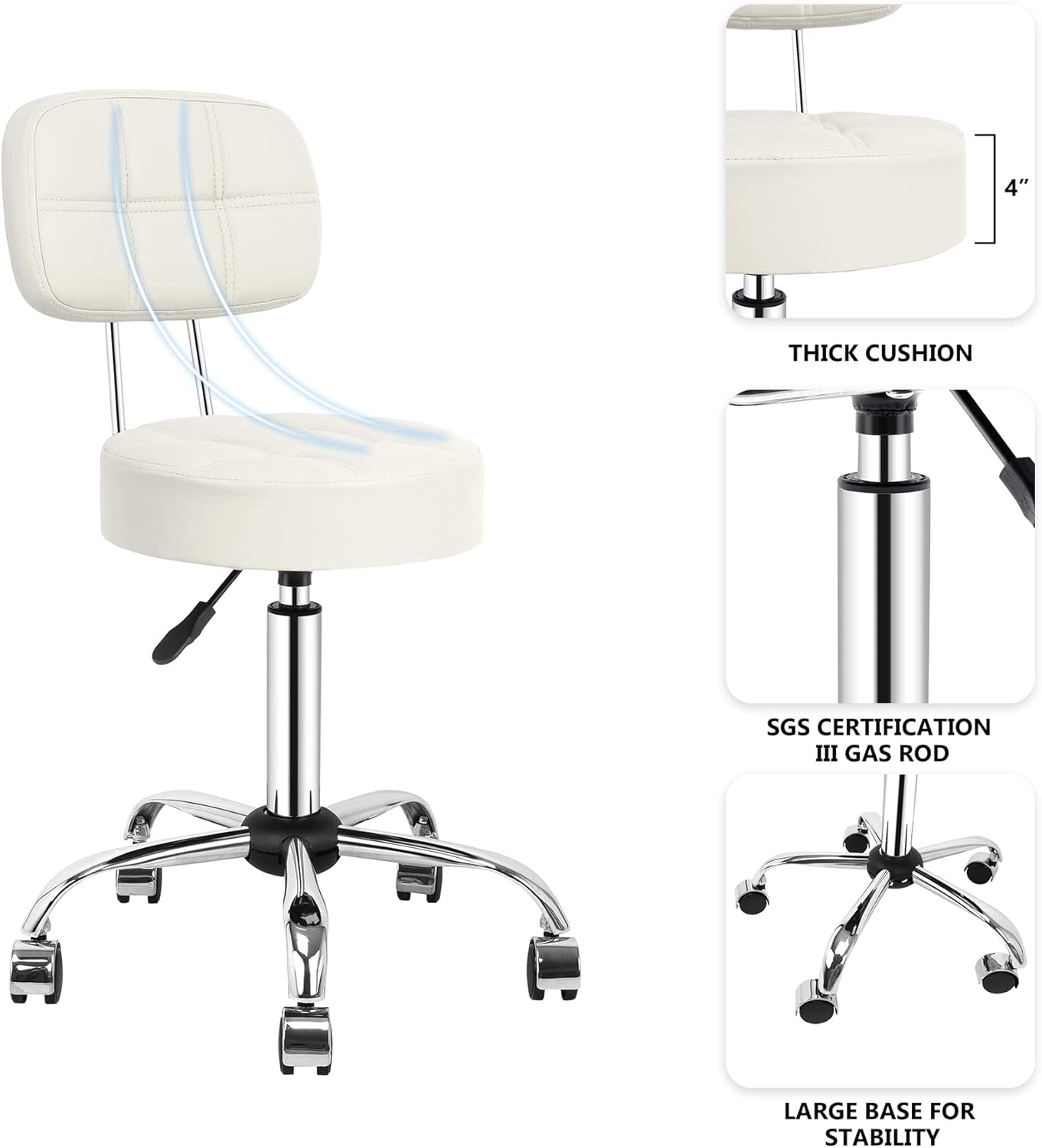 Rolling Stool with Back Support Height Adjustable Swivel Hydraulic Metal Massage Stool with Backrest