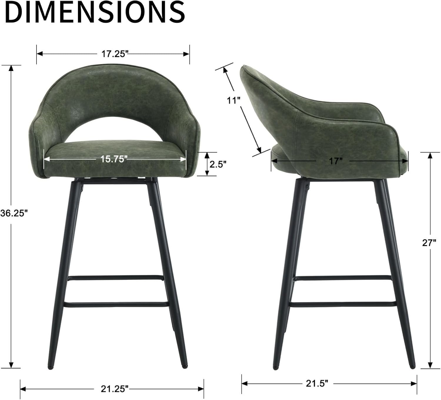 Swivel Bar Stools Set of 2, Modern 27" Counter Height Stools, PU Upholstered Kitchen Island Chair with Black Metal Legs