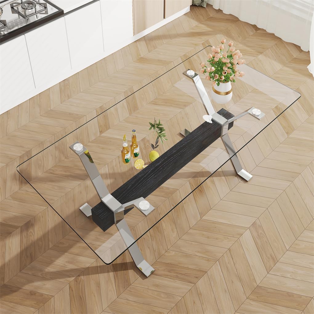 79" Glass Dining Table, Tempered Glass Tabletop + Metal Leg + MDF Crossbars