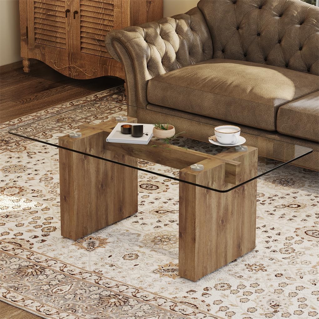 Wood Coffee Table, Coffee Table with Tempered Glass Top, Coffee Table with MDF Crossbar and Base