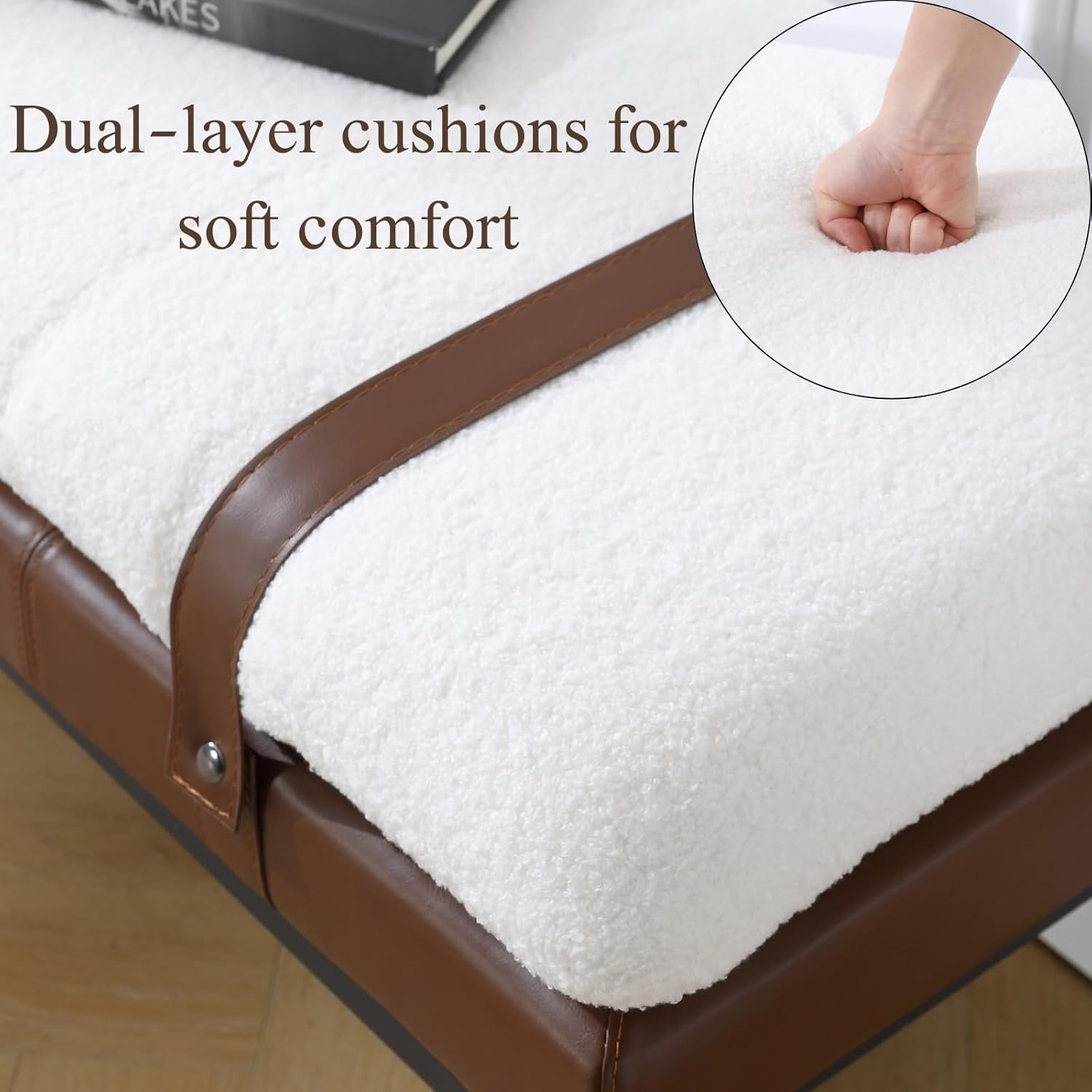 Industrial Modern Sherpa Rectangle Ottoman Bench with PU Strap and Metal Legs