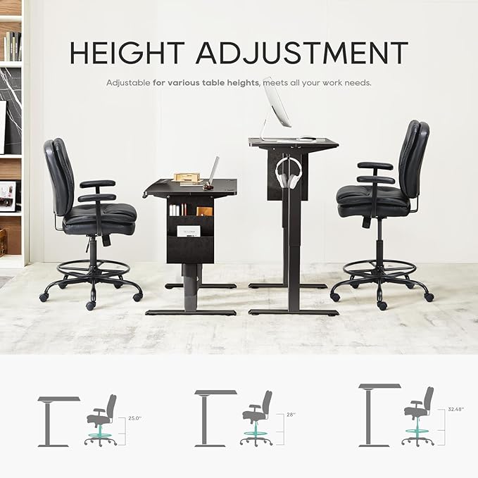 Leather Drafting Chair-Tall Office Chair 275lbs, Standing Desk Chair with Adjustable Footrest Ring, High Office Counter Height Desk Chair Black