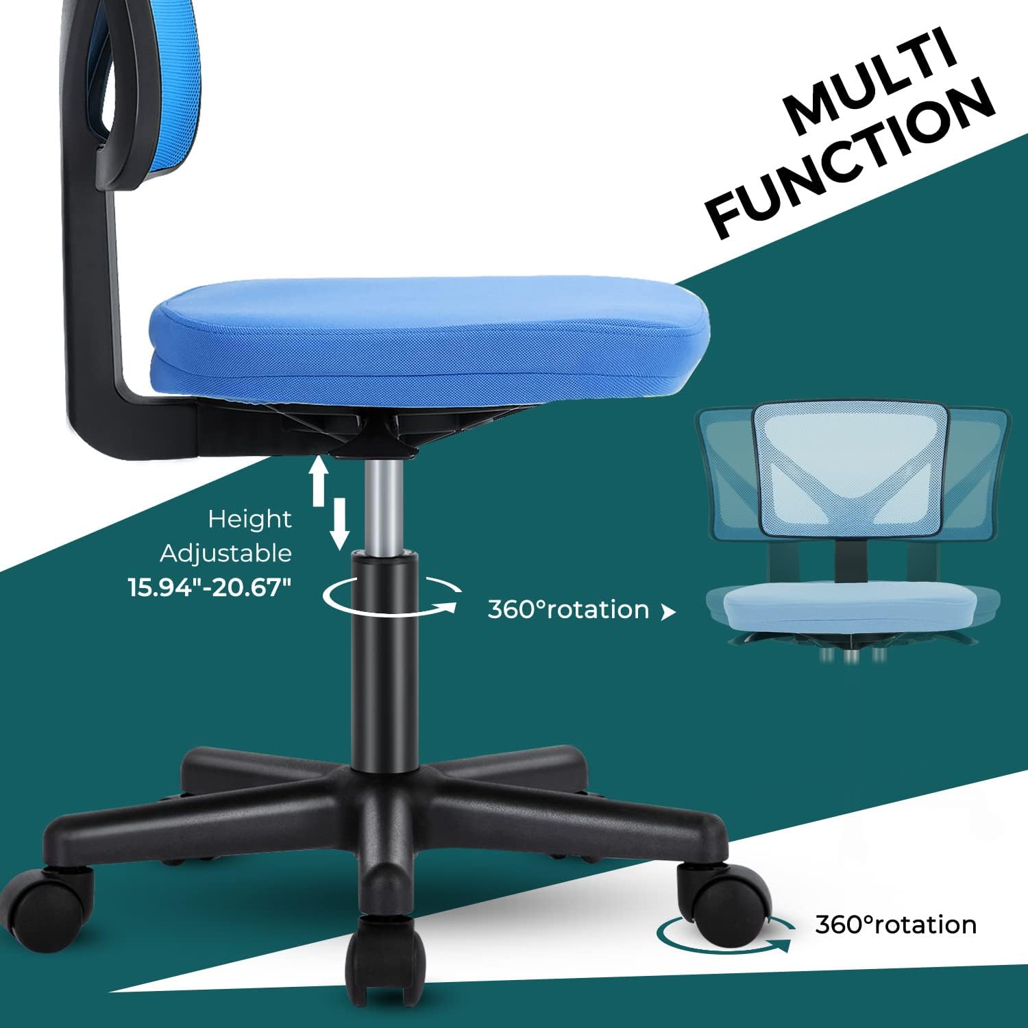Armless Desk Chairs with Wheels Cute Home Office Chair No Arms, Ergonomic Adjustable Swivel Rolling Task Chair