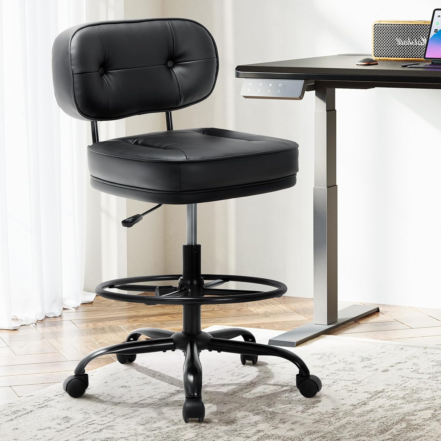 Drafting Chair-Tall Office Chair 275lbs, Standing Desk Chair with Adjustable Footrest Ring, Wide Seat, Thick Cushion and Back