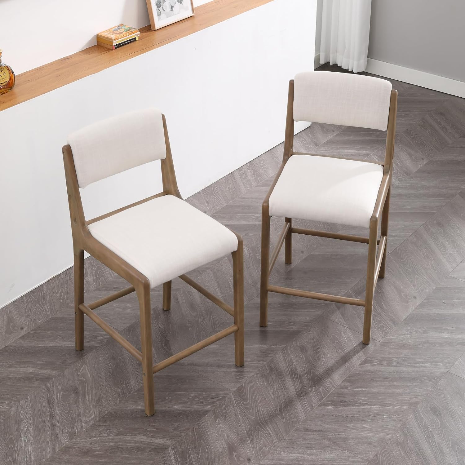 Linen Counter Height Stools Set of 2, 26" Seat Height Low Bar Stools with Natural Color Solid Wood Legs