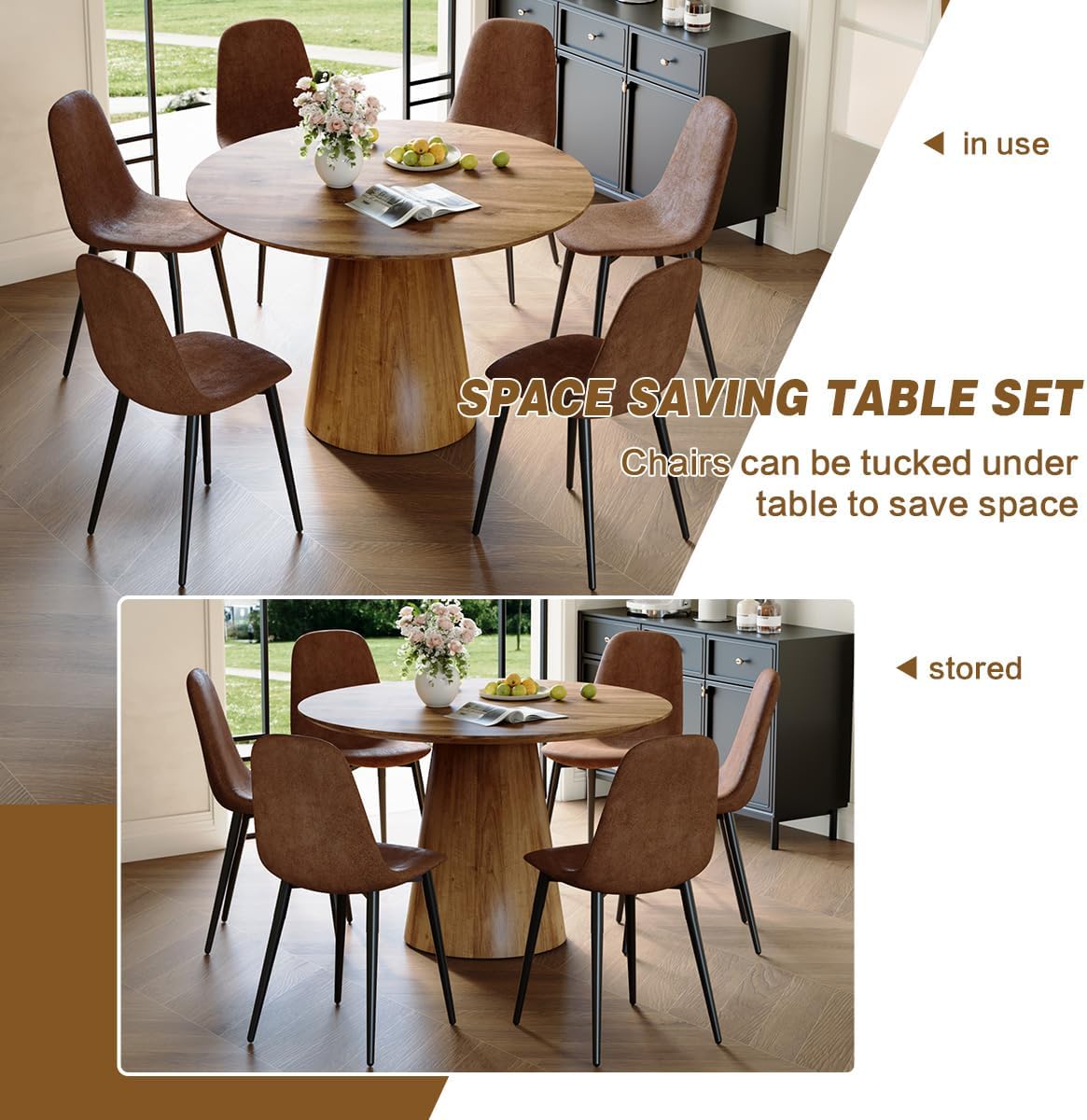Round Dining Table Set for 6, 45''Round Wooden Dining Set with Cushioned Chairs