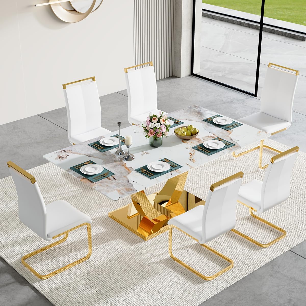 Dining Table Set for 6, 7 Pieces Faux Marble Dining Table Set & 6 PU Upholstered Chairs