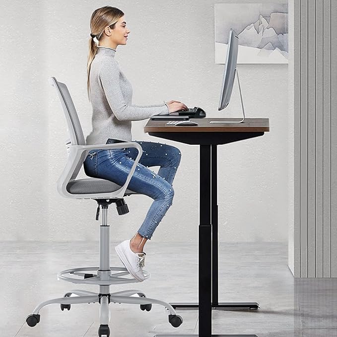 Mid-Back Mesh Tall Office Drafting Stool Chairs with Armrest for Standing Desk, Grey