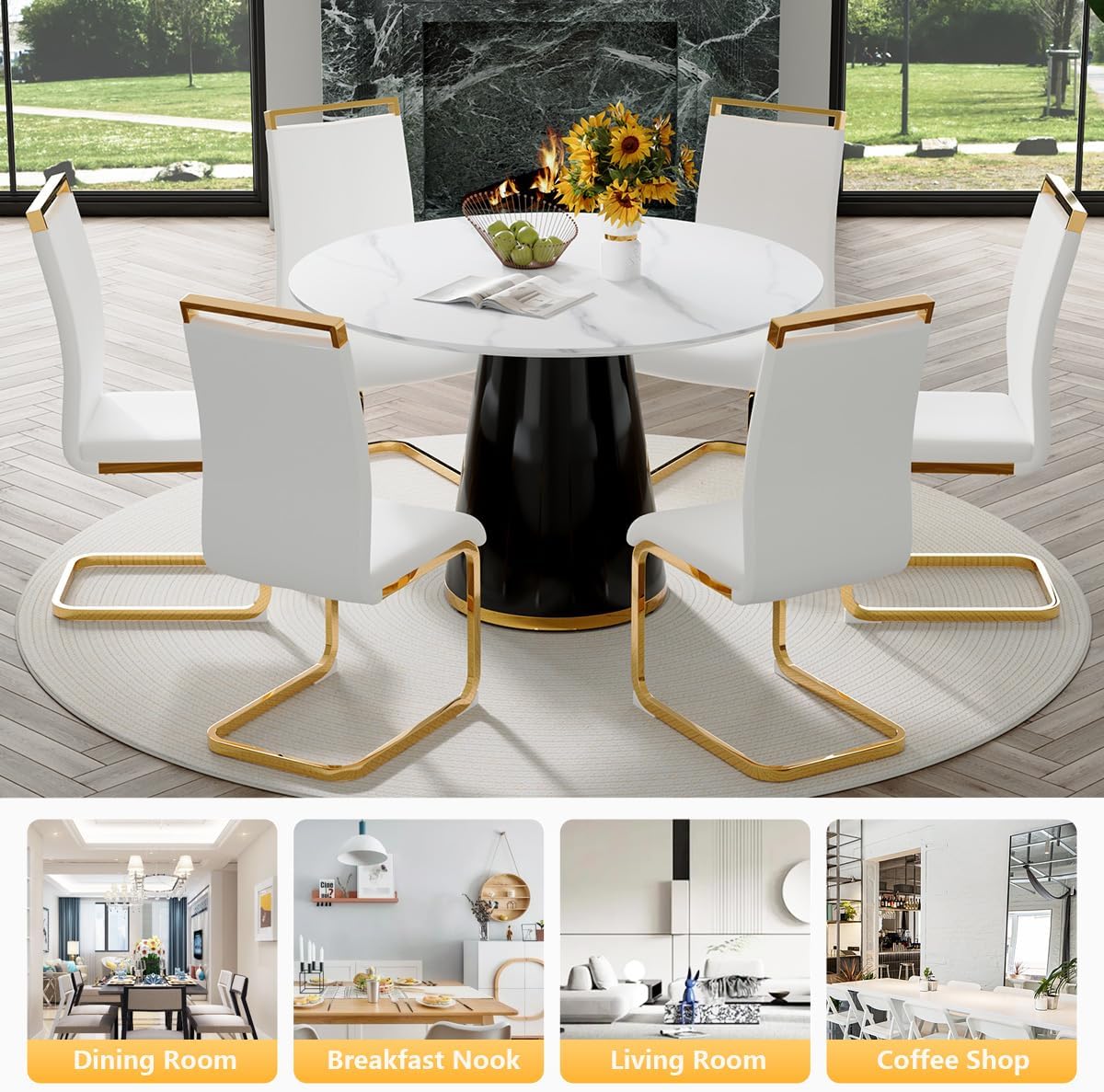 Round Dining Table Set for 6, 45'' Modern Round Wooden Dining Set with Cushioned Chairs