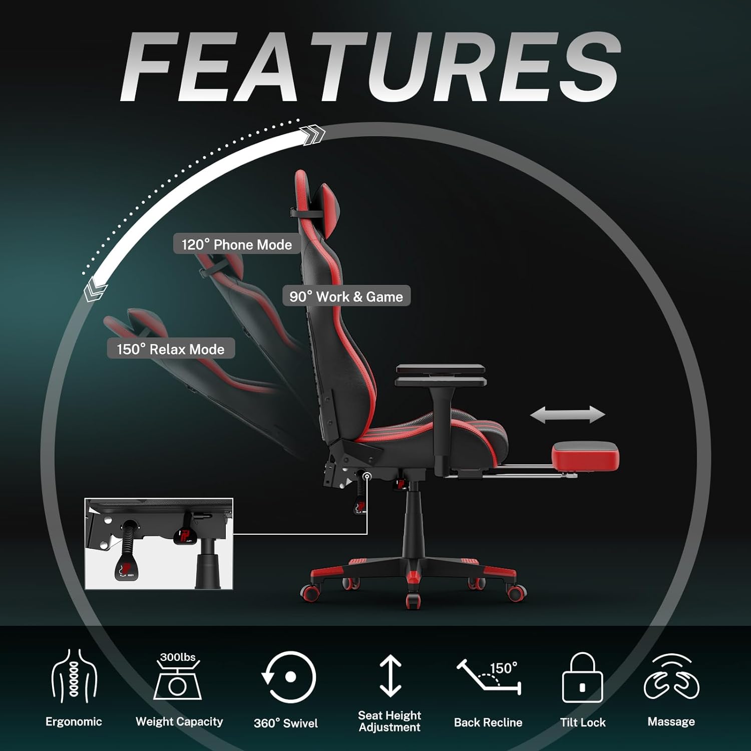 Red Gaming Chair with Footrest,Racing Ergonomic Massage Gaming Chairs for Adults