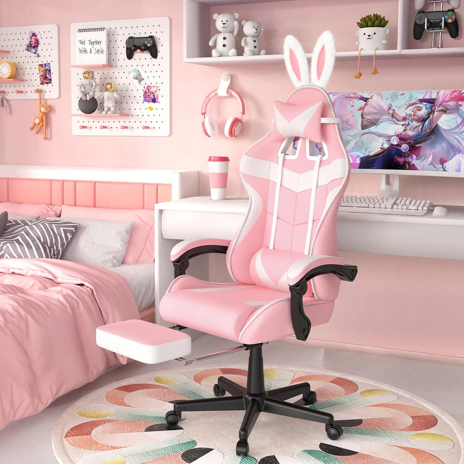 Pink Gaming Chair with Footrest,Lovely Bunny Computer Gamer Chair