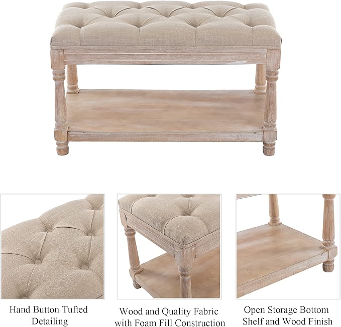 Farmhouse Tufted Storage Ottoman Bench with Shelf, 31.5" Width Linen Upholstered Entryway Shoe Ottoman