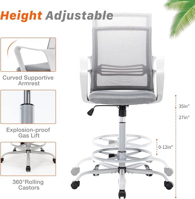 Mid-Back Mesh Tall Office Drafting Stool Chairs with Armrest for Standing Desk, Grey