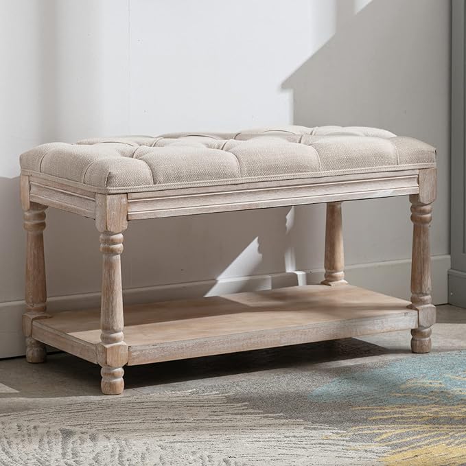 Farmhouse Tufted Storage Ottoman Bench with Shelf, 31.5" Width Linen Upholstered Entryway Shoe Ottoman