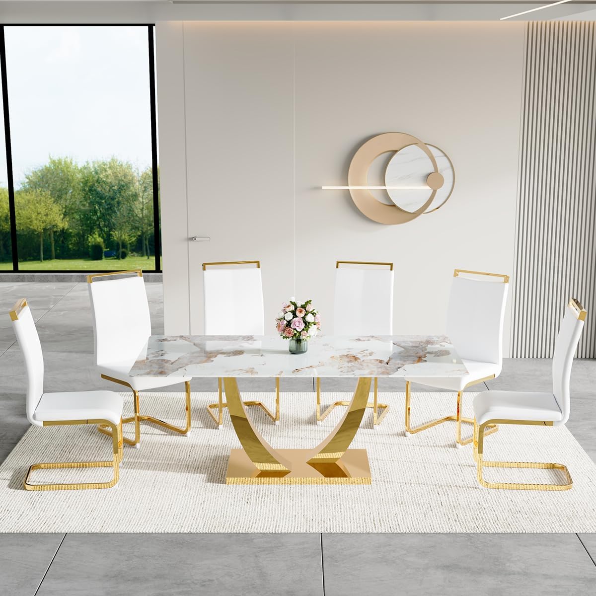 Dining Table Set for 6, 7 Pieces Faux Marble Dining Table Set & 6 PU Upholstered Chairs