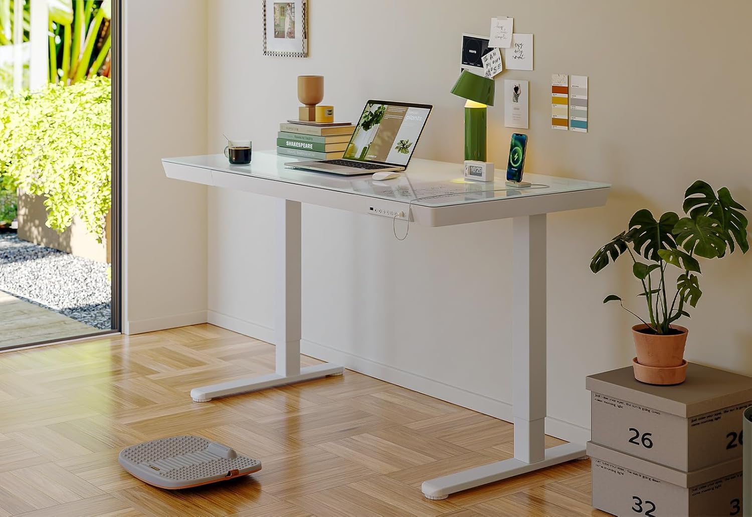 48 × 24 Electric Standing Desk with Drawers, Whole-Piece Glass Adjustable Height Desk