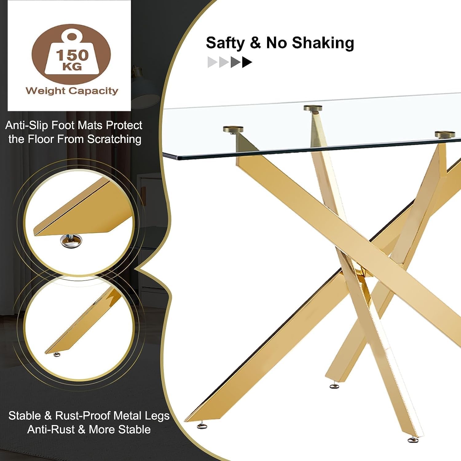 63" Rectangular Glass Dining Table with 0.39-Inch Clear Tempered Glass and 4 Chrome Legs