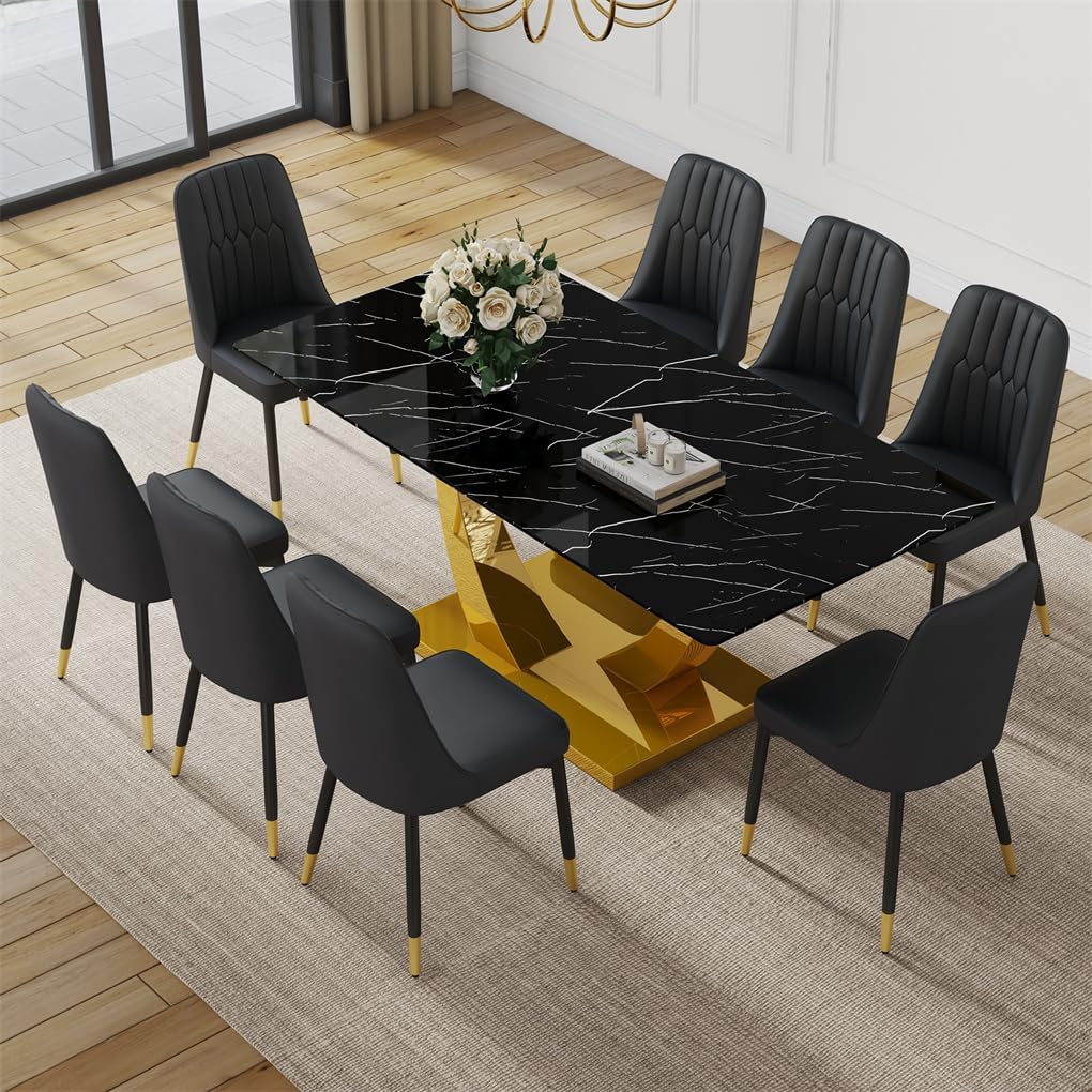 71" Dining Table Set for 8, Modern Faux Marble Dining Room Table Top with Metal U-Shaped Leg and Base