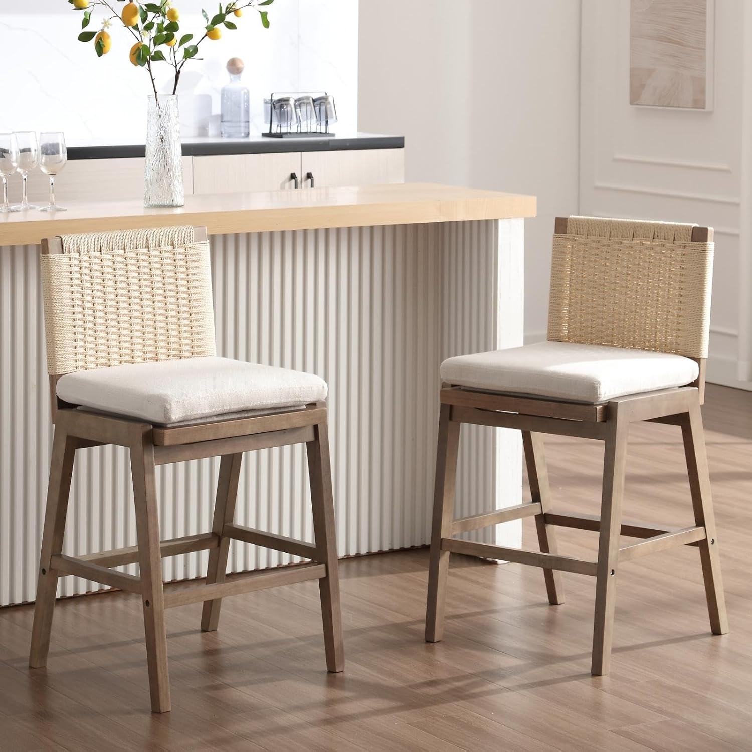 Modern Bar Stools Set of 2, 27" Counter Height Barstools with Woven Back