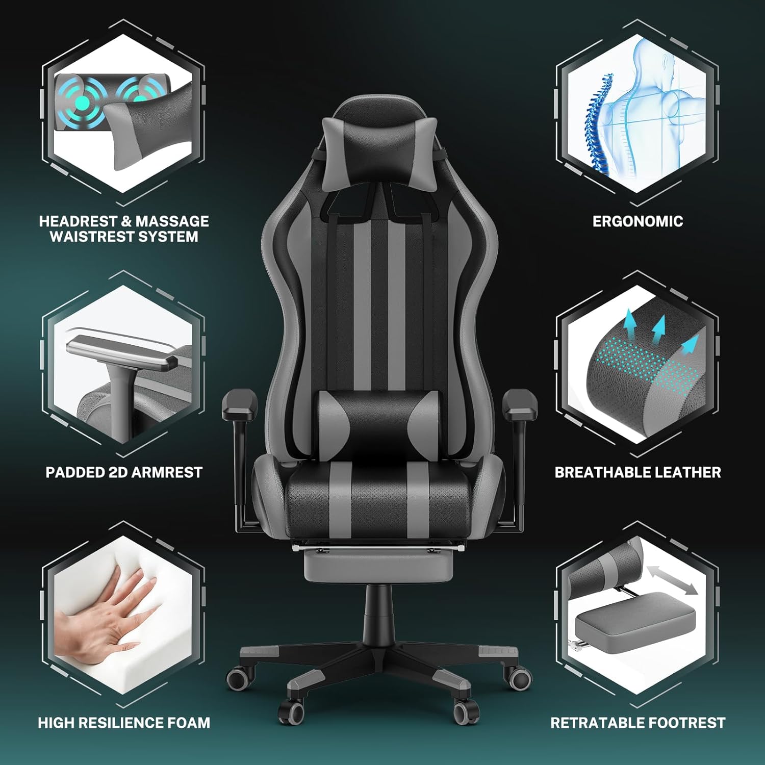 Grey Gaming Chair with Footrest,Racing Ergonomic Massage Gaming Chairs for Adults Work in Office