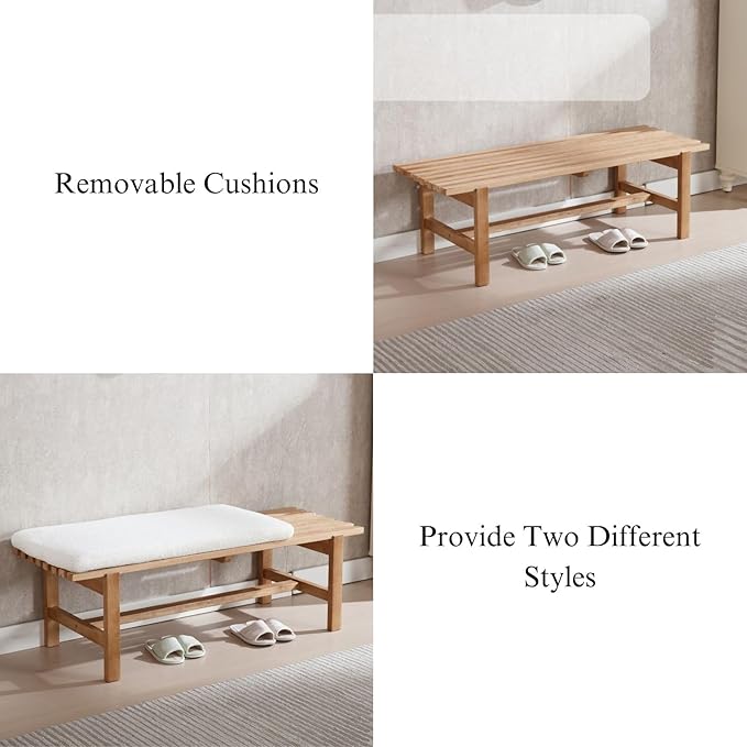 51'' L Wood Ottoman Bench, Modern 2-Person Sherpa Dining Bench Upholstered End of Bedromm Bench