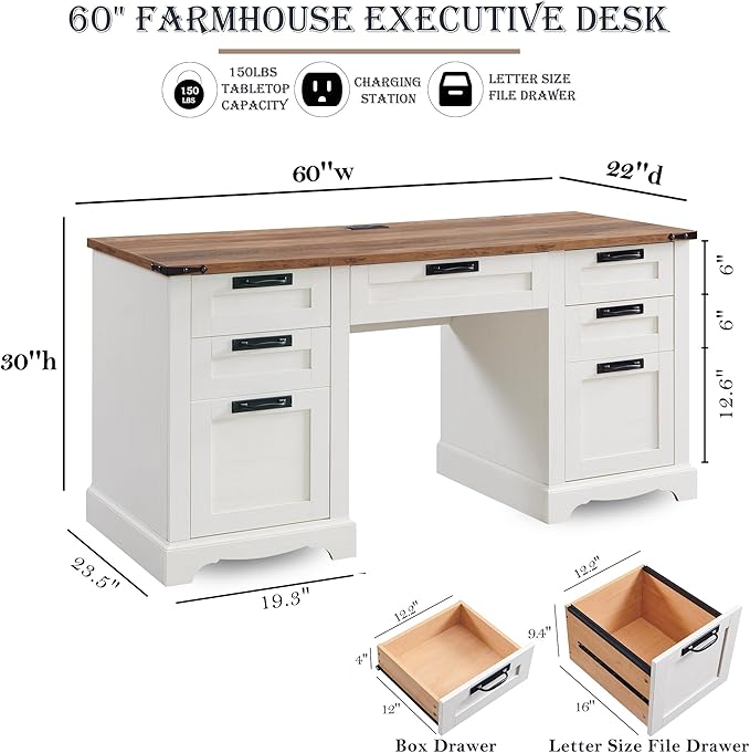 60" Farmhouse Executive Desk with Drawers, Wood Home Office Desk w/Charging Station, Keyboard Tray, File Drawer, Storage Cabinet