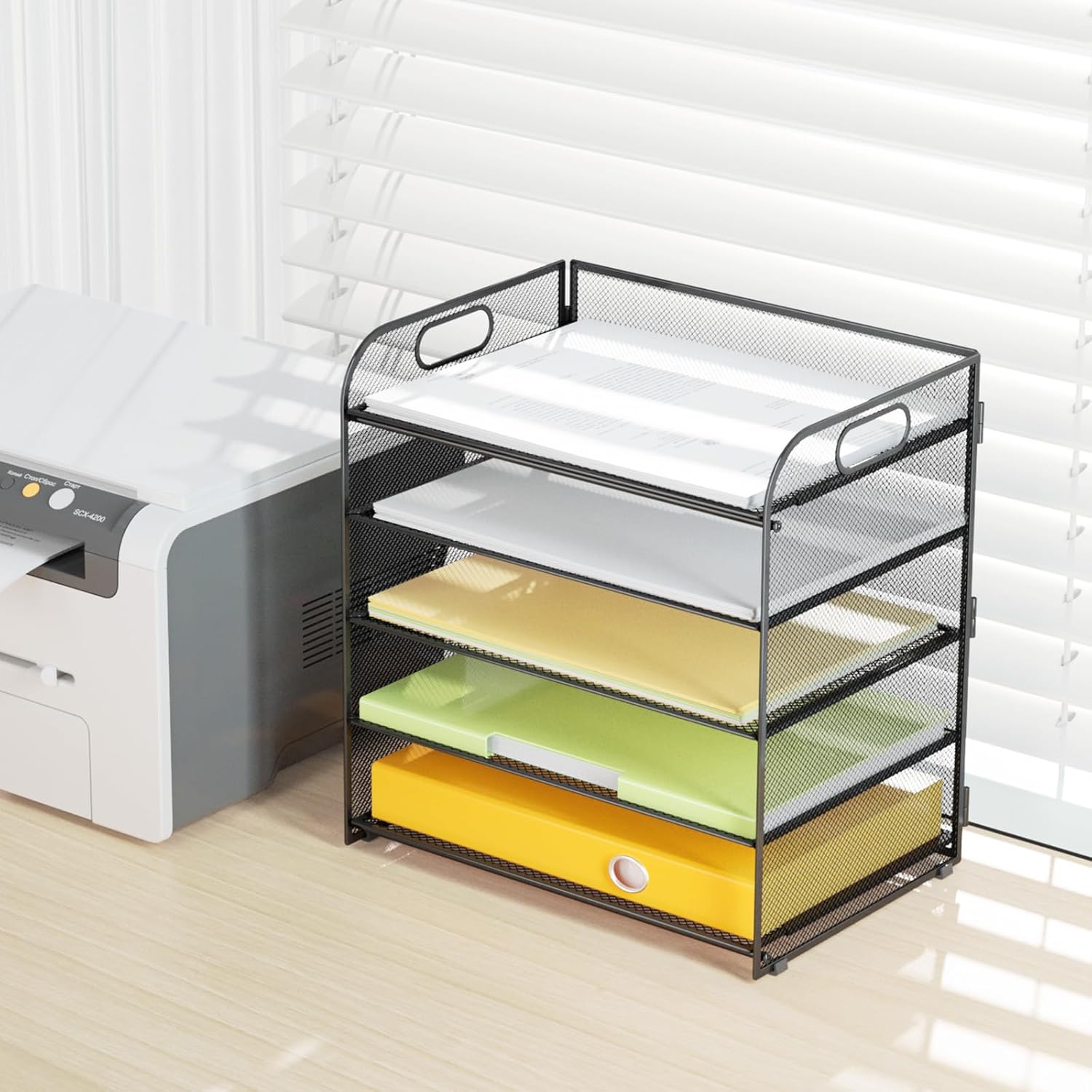 5 Tier Paper Letter Tray Organizer with Handles, Mesh Desk File Organizer Metal Paper Sorter Holder