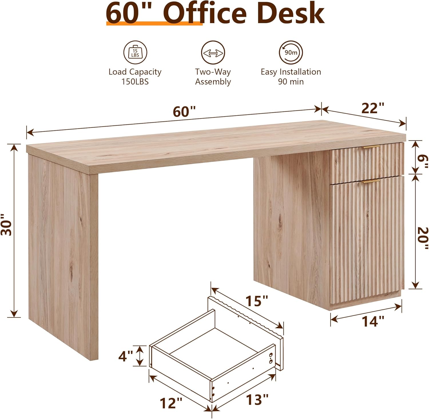 60" Modern Executive Desk with Storage, Wood Home Office Desk with Drawer & Cabinet