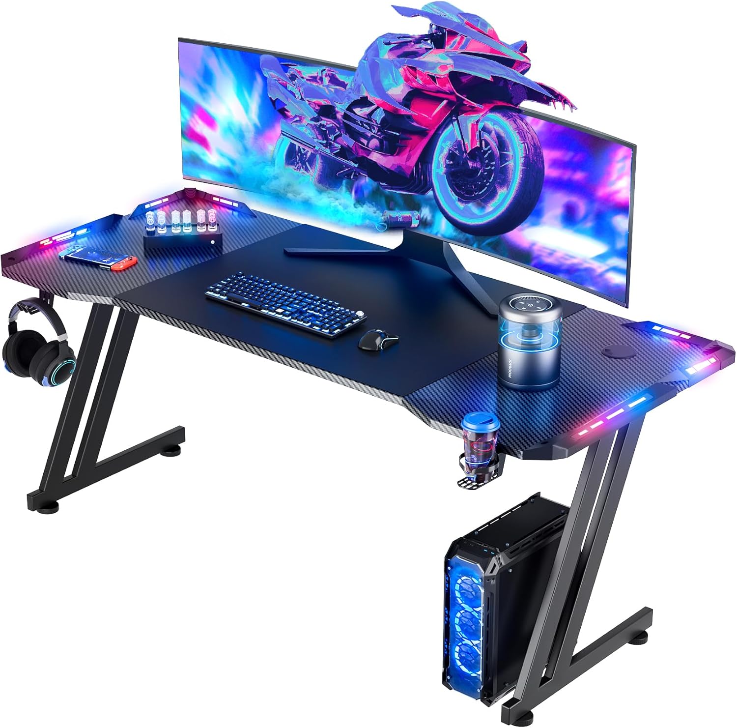 63 Inch Gaming Desk with LED Lights Carbon Fibre Surface Gaming Table Large Computer Desk