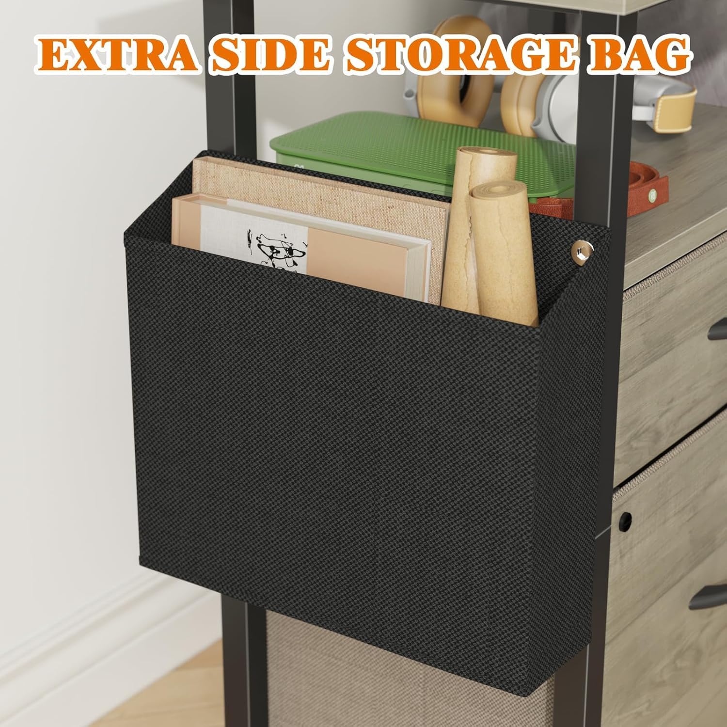 2 Drawer File Cabinet with 24'' Extended Desktop, Mobile Filing Cabinet, Rolling File Cabinet with Side Bag