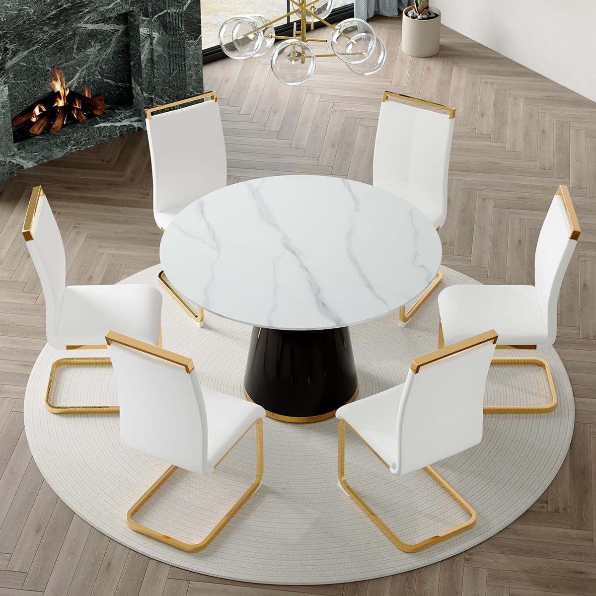 Round Dining Table Set for 6, 45'' Modern Round Wooden Dining Set with Cushioned Chairs
