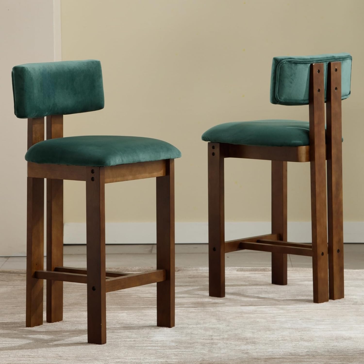 Modern Bar Stools Set of 2, 26'' Counter Height Bar Stools with Back & Solid Wood Legs